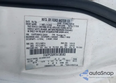 2007 Ford Taurus Se z USA, uszkodzony, nr VIN 1FAFP53U97A138583